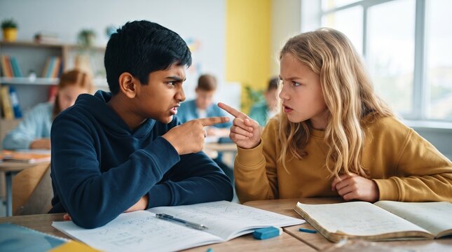 Boy and girl arguing and pointing fingers at each other at school desk. Teenage conflict between classmates in classroom. Bullying, quarrel and problem of children behavior in school life concept