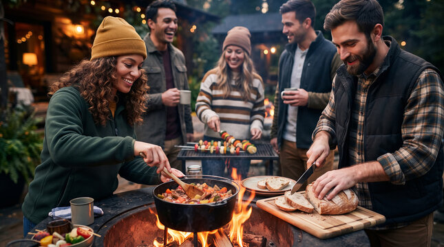 Group of friends cooking food on campfire at cabin. Woman stirring pot and man cutting bread while others grilling skewers