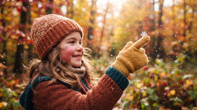 Happy little girl catching snowflake on finger in autumn park. Child in warm knitted hat and mittens enjoying first snow among fall