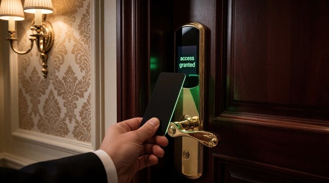 Hand holds electronic key card near smart door lock. Green text displays access granted on modern digital reader at luxury hotel room. Guest uses contactless card to unlock entrance in premium