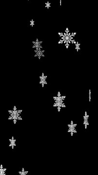 falling 3d snow flakes isolated alpha channel animation, winter snowfall,holiday christmas and new year vertical social media motion design element