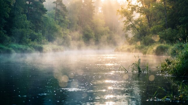 Misty river at sunrise in autumn forest. Fog rising over calm water with golden sunlight reflections among trees. Tranquil morning nature landscape for relaxation and seasonal background concept