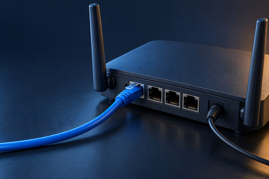 Home router with blue Ethernet cable and unmarked network ports