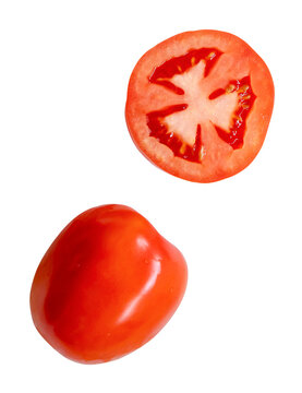 Top view set of ripe red tomato fruit with a half isolated on white background with clipping path