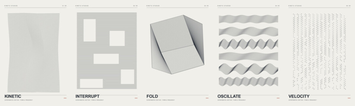 Minimalist Abstract Geometric Poster Design Set, Kinetic Fold Wave Layout Templates, Grey Modern Vector Art