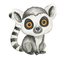 Cute hand drawn watercolor lemur - cute little baby lemur, grey ring-tailed character. Hand-drawn illustration for nursery, baby shower, children card, exotic animals collection © NATALIA