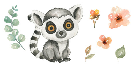 Cute hand drawn watercolor lemur - cute little baby lemur, grey ring-tailed character. Hand-drawn illustration for nursery, baby shower, children card, exotic animals collection © NATALIA