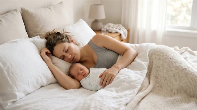 Mother sleeping beside newborn baby in bed. Newborn care and maternal bonding. Peaceful family life at home. Postpartum rest and infant sleep.