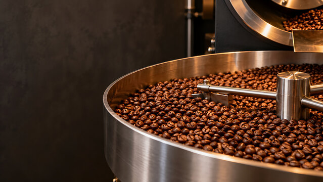 Roasted coffee beans in a metal cooling tray at a roastery