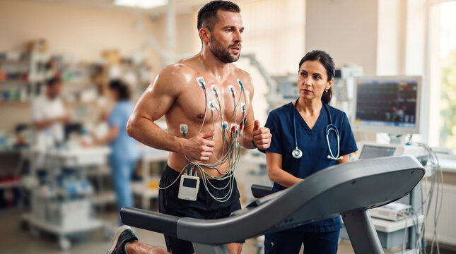 Man running on treadmill with ECG electrodes during cardiac stress test. Female doctor monitoring heart exam in modern clinic. Cardiology diagnostics and sports medicine concept