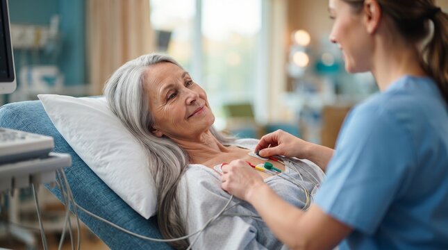 Nurse attaching ECG electrodes to senior woman patient lying in hospital bed. Cardiology monitoring procedure in modern clinic