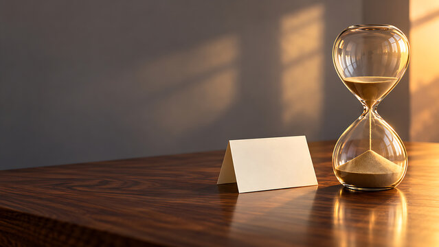 Glass hourglass and blank folded card on a sunlit walnut desk