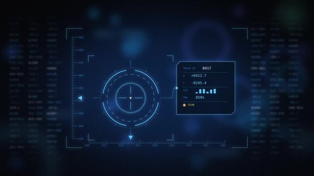 Futuristic HUD tracking reticle with digital data readout and shallow depth of field