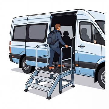 Man boarding a passenger van using portable stairs illustration