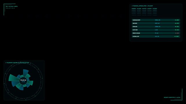 Futuristic financial HUD overlay with polar area charts, hex telemetry ticker, and framing brackets on transparent alpha in 4K seamless loop.