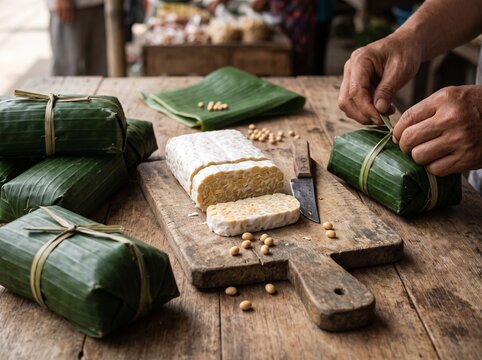 Fresh Indonesian tempeh wrapped in banana leaves on a wooden market table, traditional fermented soybean food