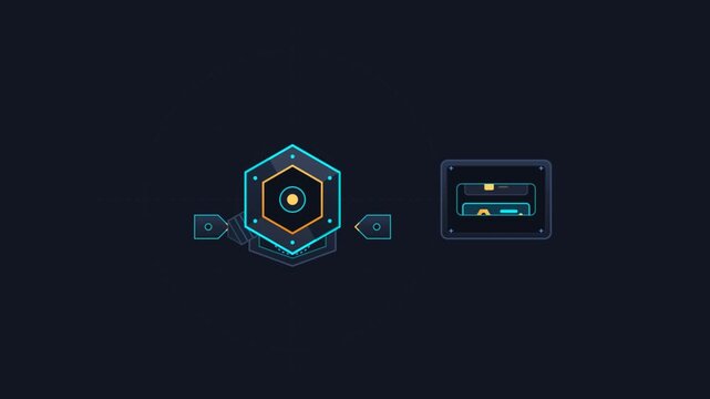 Minimalist 2d vector user interface animation featuring a hexagonal button and tech controls against a dark industrial background