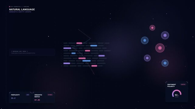 Abstract natural language processing text analysis with highlighted tokens and arcs, seamless loop