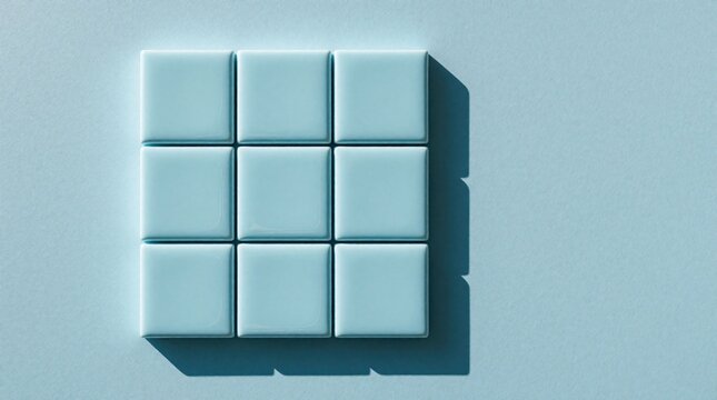 Abstract blue background with nine square ceramic tiles arranged in grid. Minimalist geometric pattern features light blue mosaic texture, soft shadows. Clean modern layout works well for interior