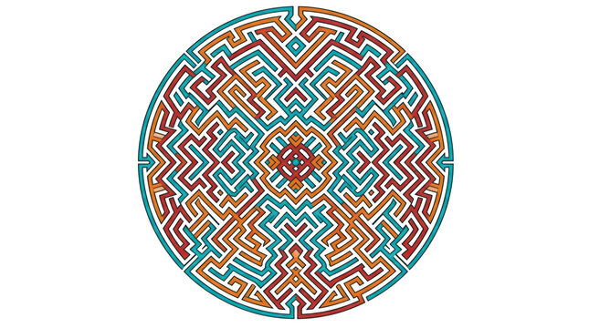 Circular geometric maze pattern with intricate colorful lines isolated on transparent background