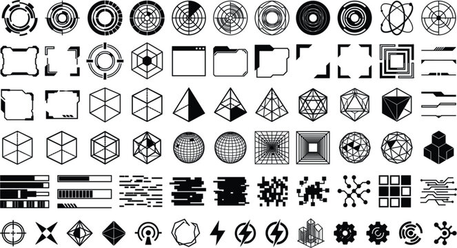 Futuristic Sci Fi HUD User Interface Vector Graphic Set Featuring Abstract Radars Geometric Polyhedral Shapes Glitch Bars Circuit Tracks and Cybernetic Display Elements