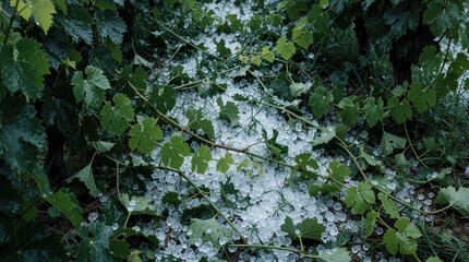 Naklejka premium Large white hail stones cover green grape leaves, vines in vineyard. Severe hailstorm causes damage to agriculture crops, foliage. Cold ice balls destroy plant stems, vegetation during intense