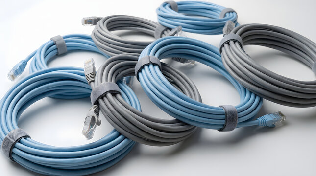 A collection of coiled blue and grey ethernet network cables neatly bound with velcro straps on a white surface