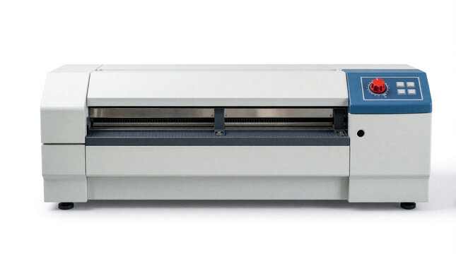 Pro laminator machine for document protection isolated on white background. Electronic office equipment uses heat to seal paper sheets with plastic film. Modern business tool for creating durable id