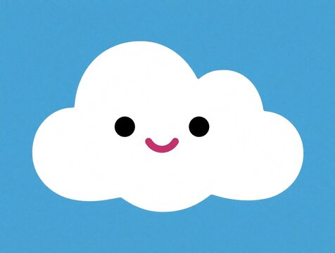 Cute white cartoon cloud with happy face on blue sky background. Hand drawn doodle style cloud character smiles. Sweet minimal weather icon for baby decor, kids nursery art, summer weather design