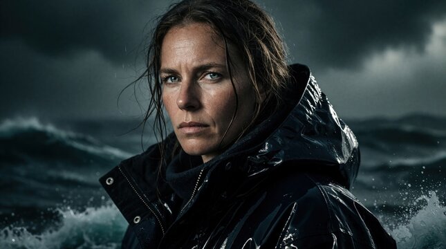 Determined woman skipper leads vessel through rough stormy sea. Brave female mariner wears dark waterproof jacket during intense ocean voyage. Resolute captain navigates big waves in bad weather.