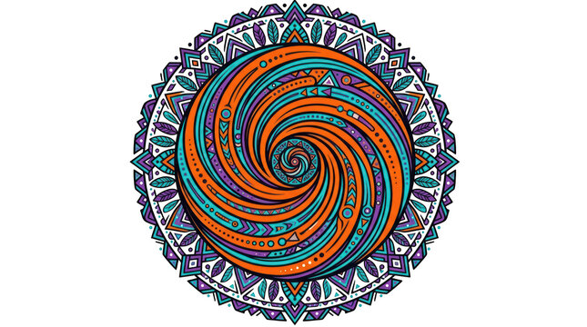 Colorful circular mandala pattern with intricate spiral and geometric designs isolated on transparent background