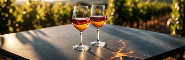 Naklejka premium Two glasses of amber orange wine stand on grey table in vineyard. Golden hour sunlight creates long shadows, bright reflections. Beautiful autumn landscape with grape vines background offers copy