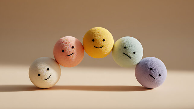 Mental health concept with colorful spheres displaying different facial expressions arranged in a circle, symbolizing emotional balance, mood changes, psychological wellbeing, and self awareness