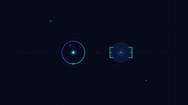 Minimalist vector user interface animation featuring rotating orbital graphics and digital lock button on dark grid background