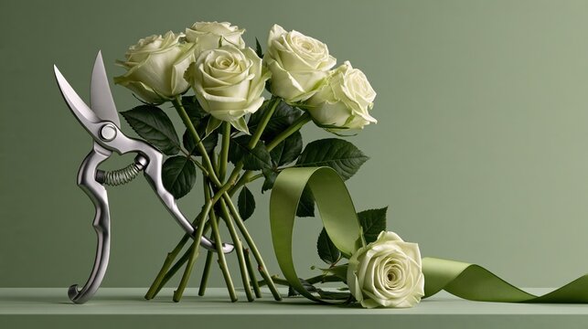 Wide shot of pruning shears, ribbon, counter opening and closing like a chatty mouth while a ribbon listens to gossip. funny florist scene.