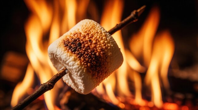 Golden marshmallow roasts on wooden stick over hot campfire flames. Sweet fluffy dessert gets toasted, melted by bright fire. Close up of yummy snack during camping trip at night. Warm glowing coals