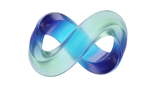 Translucent glass infinity symbol with blue and teal gradient, modern 3D lemniscate loop representing eternity, glossy refractive glass shape isolated PNG with Transparent Background