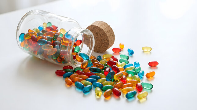 An open glass bottle with a cork stopper spilling colorful gel capsules and vitamin pills onto a white surface