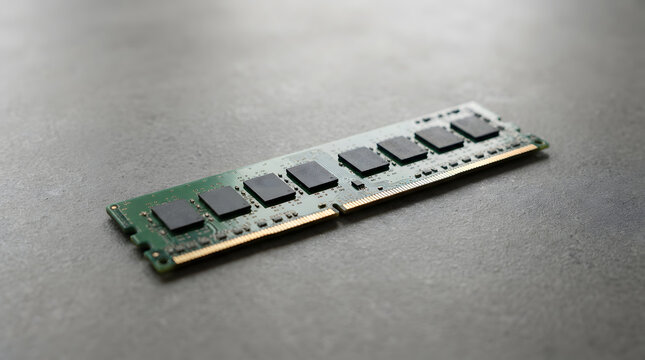 A single computer RAM memory stick resting on a dark grey textured surface in a close up studio shot