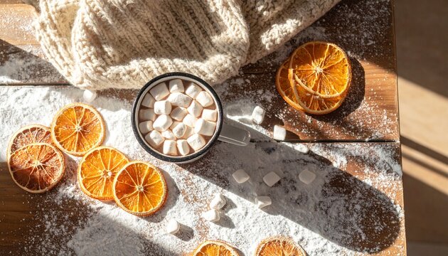Cozy winter scene from a top-down view showing a mug of hot chocolate topped with marshmallows next to dried orange slices and patches of snow on a rustic wooden outdoor bench, draped with a thick, kn
