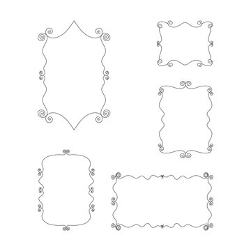 Elegant ornamental frames featuring delicate black outlines, flowing curves, and decorative spiral details.