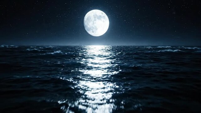 Moonlit Ocean Serenity: A full moon casts a shimmering path across a dark, rippling ocean, creating a scene of profound nocturnal beauty and tranquil solitude under a starry sky.
