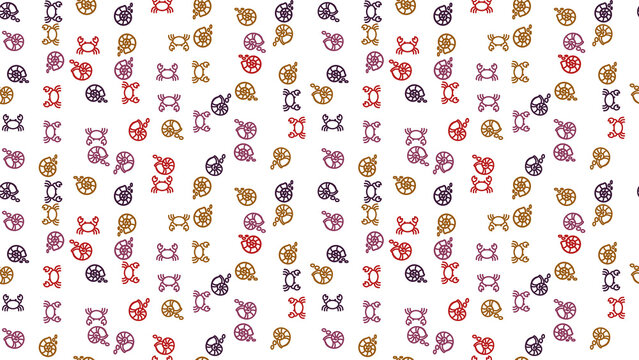 Seamless pattern of stylized crabs and seashells