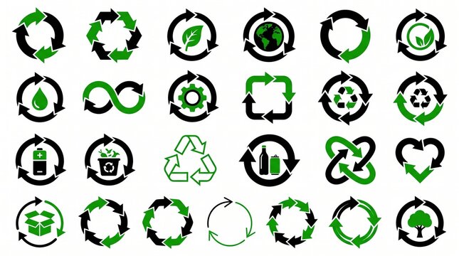 Recycling signs and ecology icon set with green and black circle arrow badges.