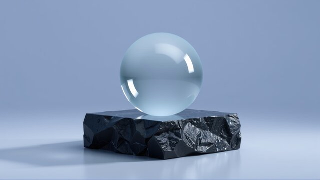 Glass sphere rests upon dark, fractured stone base. Minimalist composition, soft lighting creates subtle gradients. Modern aesthetic.
