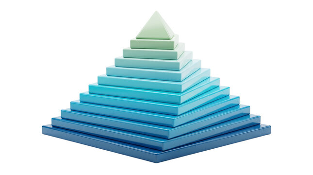 Blue gradient pyramid structure, tiered stack of square blocks representing growth, hierarchical 3D geometric shape for business strategy isolated PNG with Transparent Background