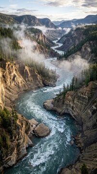 Alpine water ravine: mist forest, wild flow, rock cliff, rush torrent, scenic depth, cloud height, green pine, rough path, nature view, high peak, chill wave.