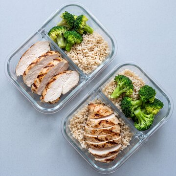 Grilled chicken breast meal prep with brown rice and broccoli in two reusable glass lunch containers viewed from above
