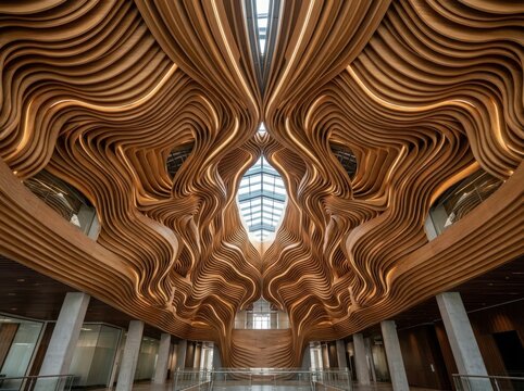Modern architectural interior with organic wave-patterned wooden ceiling panels and skylight atrium