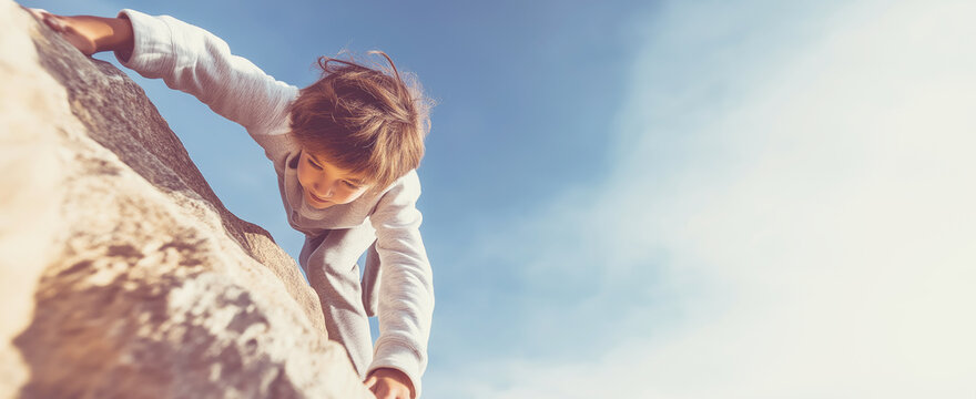 Spirited young boy fearlessly climbing a rough terrain, embodying determination, progress, and success in reaching personal milestones
